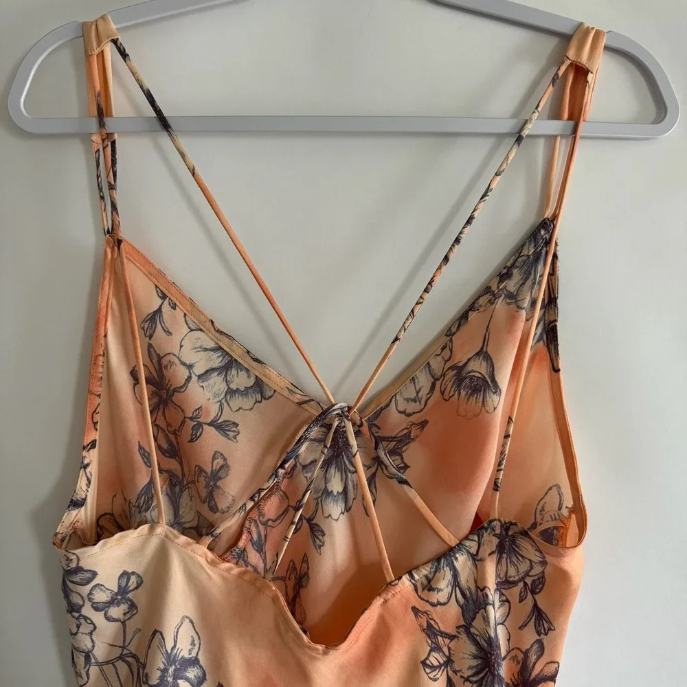 Intimately Free People Cassie Maxi Slip Dress Large Satin Peach Floral Backless - Picture 5 of 12